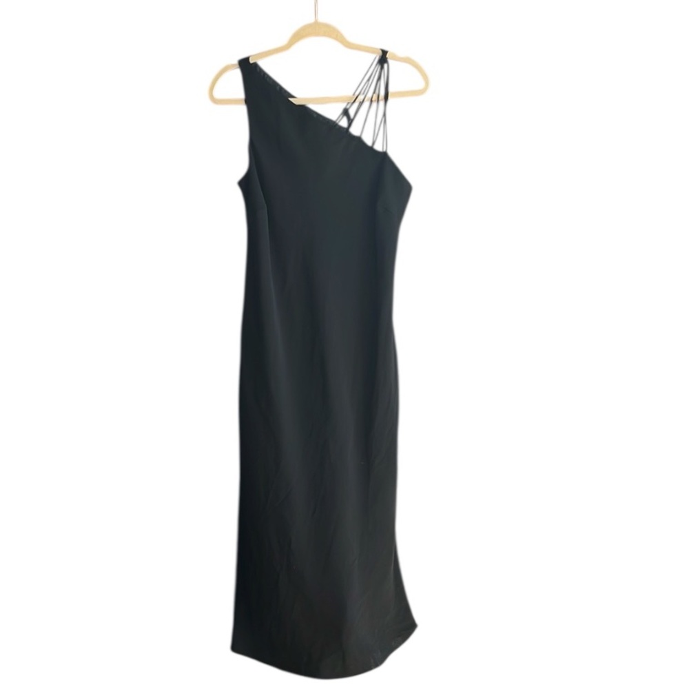 Vintage 90s y2k Black Maxi Cocktail LBD One-Shoulder Strappy Formal Dress Sz 16
